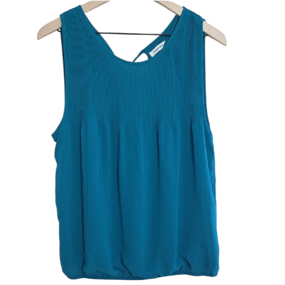 Max Studio Teal Sleeveless Pintucked Blouson Top Boho Pleated Shell Size Large